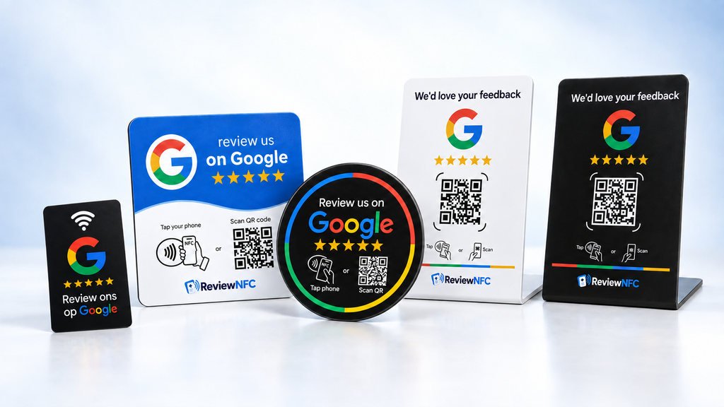 ReviewNFC-assortiment: Google Review Kaart, rond en vierkant NFC-bordje en tafelstandaard in wit en zwart
