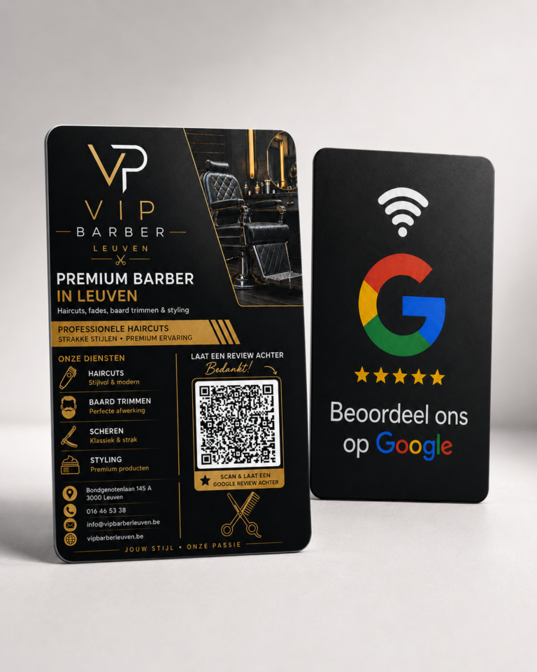 Mockup van de Google Review Kaart voor VIP Barber Leuven met luxe zwart-gouden ontwerp en QR-code