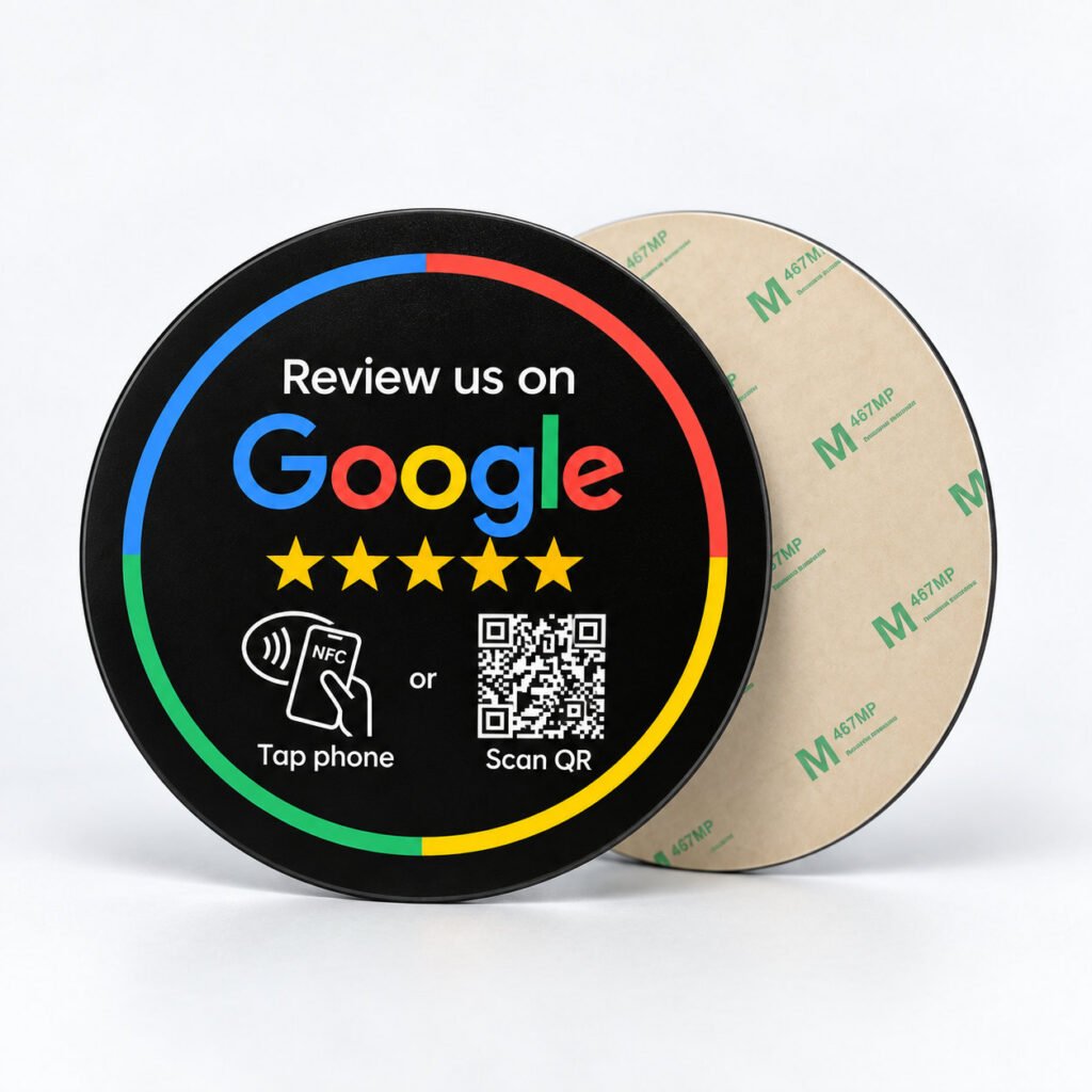 Rond zwart Google Review NFC bordje van 10 cm met QR-code en zelfklevende achterzijde