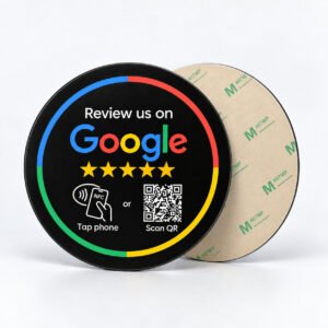 Rond zwart Google Review NFC bordje van 10 cm met QR-code en zelfklevende achterzijde