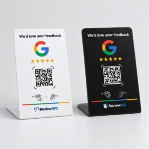 Google Review NFC tafelstandaard in wit en zwart met QR-code